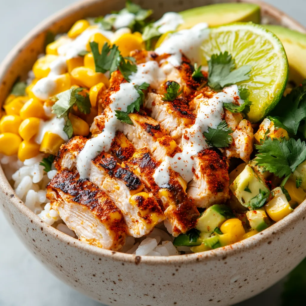 A bowl of food with chicken, avocado, lime, and corn.