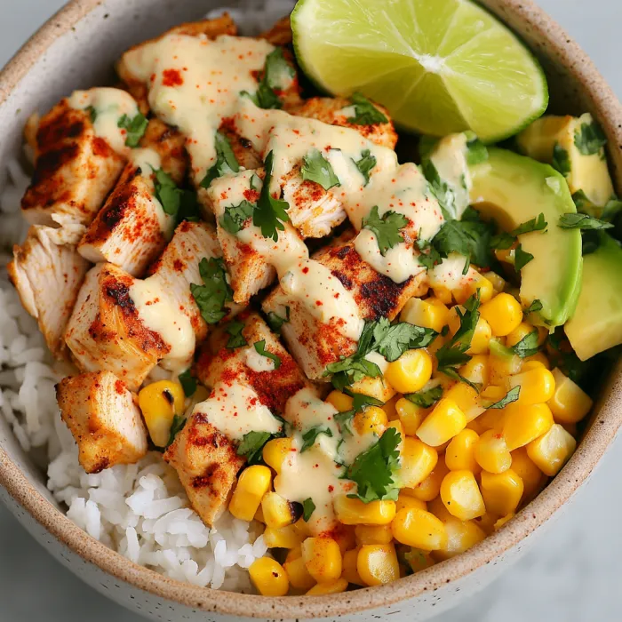 A bowl of food with rice, chicken, corn, and lime.