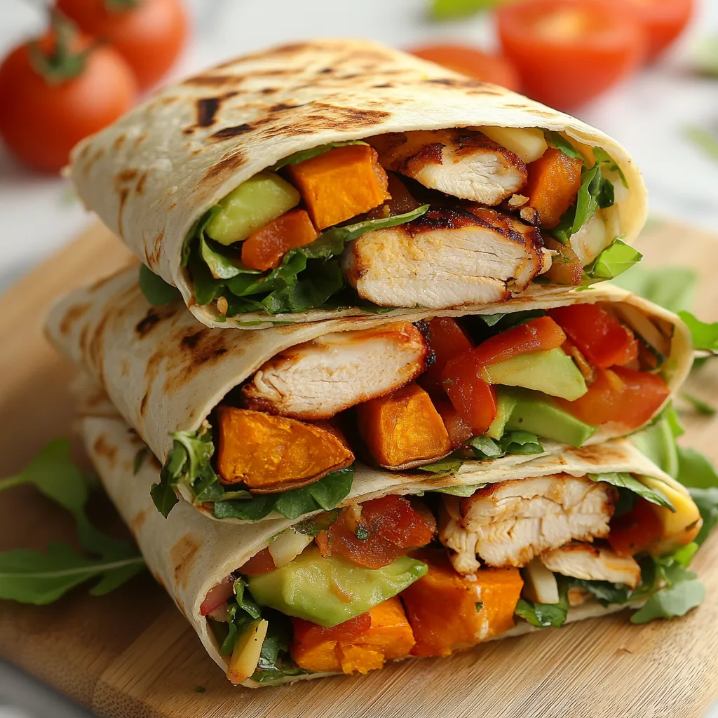 A sandwich with chicken, avocado, tomato, and lettuce.