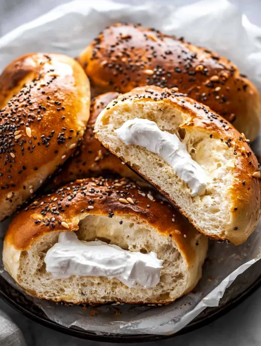 A plate of bagels with cream cheese on top.