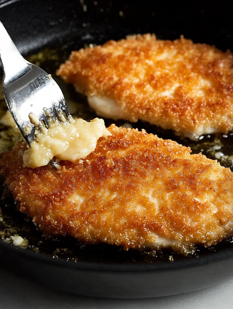 A fried chicken piece being dipped in a sauce.