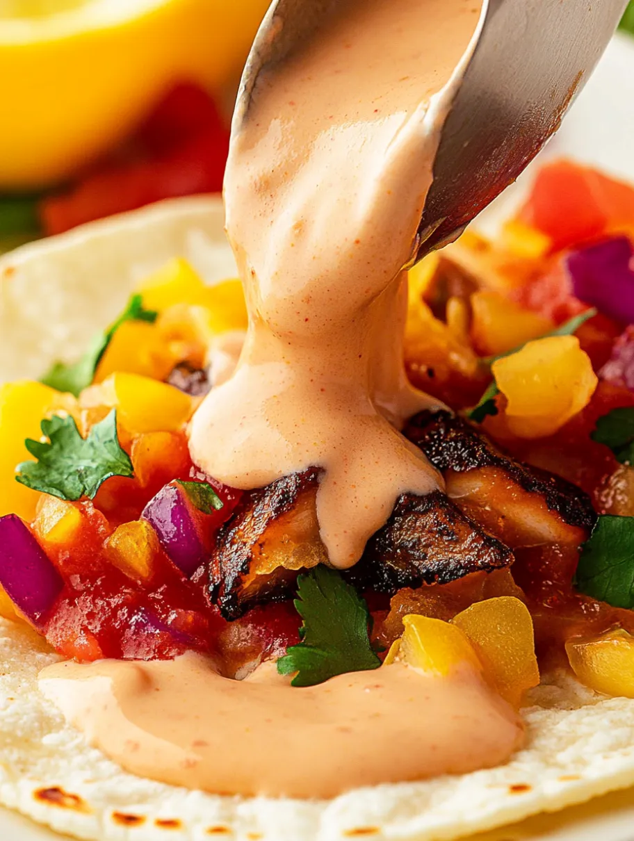 A spoonful of sauce on a taco.