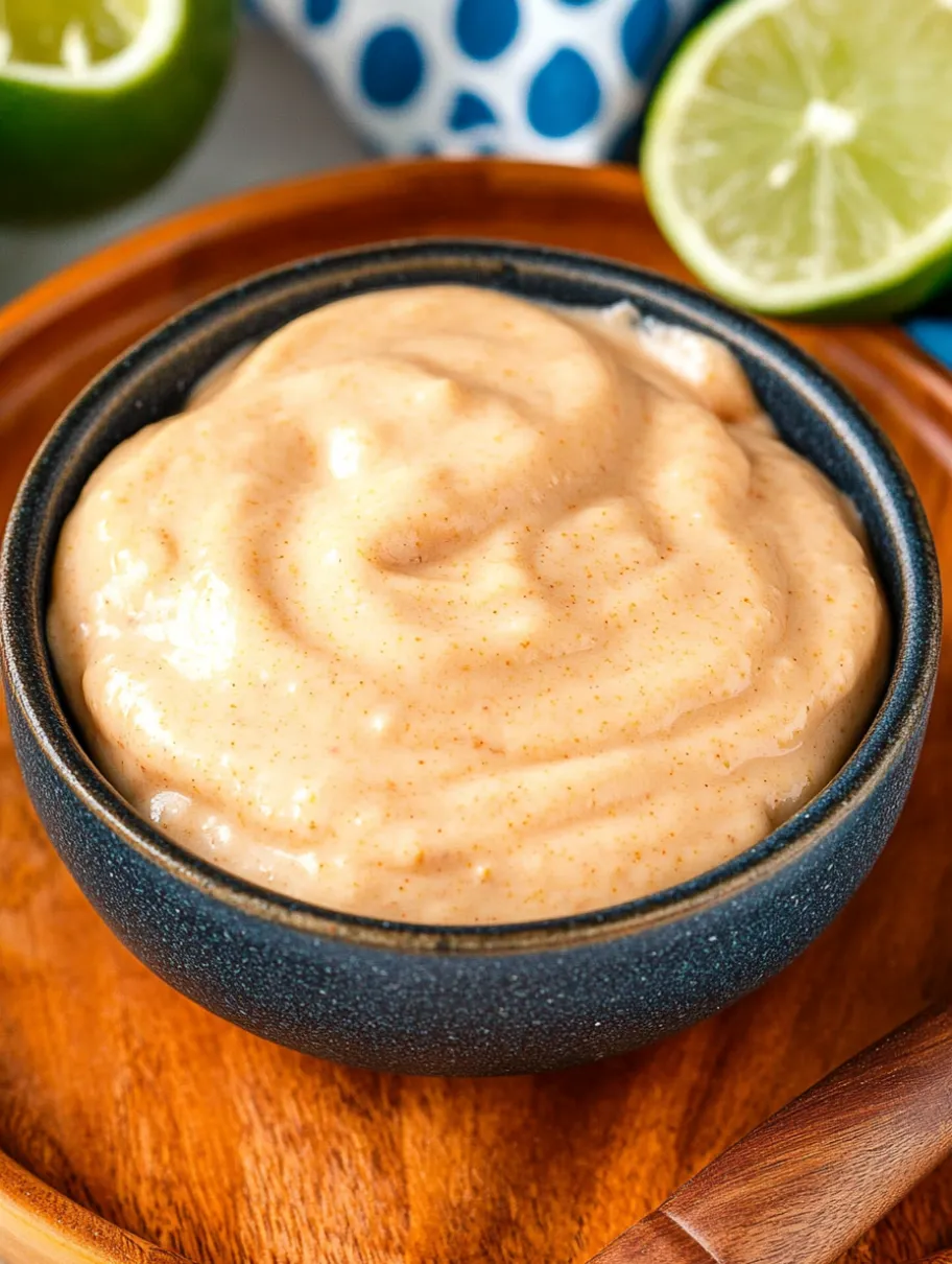 A bowl of sauce with a lime wedge on the side.