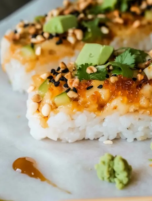 A plate of sushi with rice and black sesame seeds.