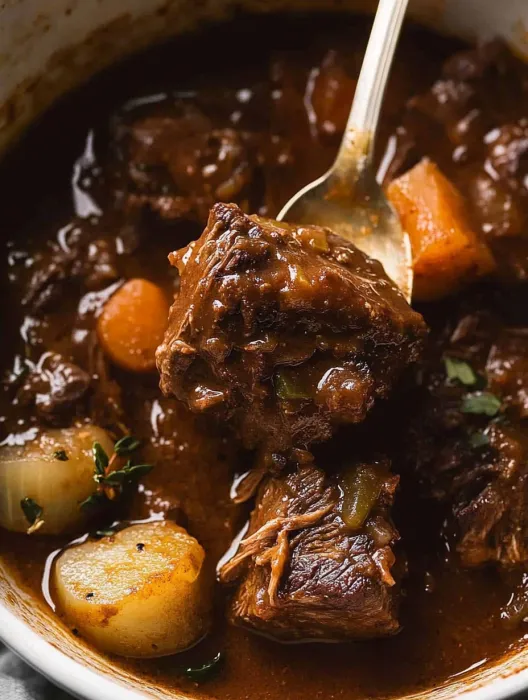 A fork is in a bowl of stew.