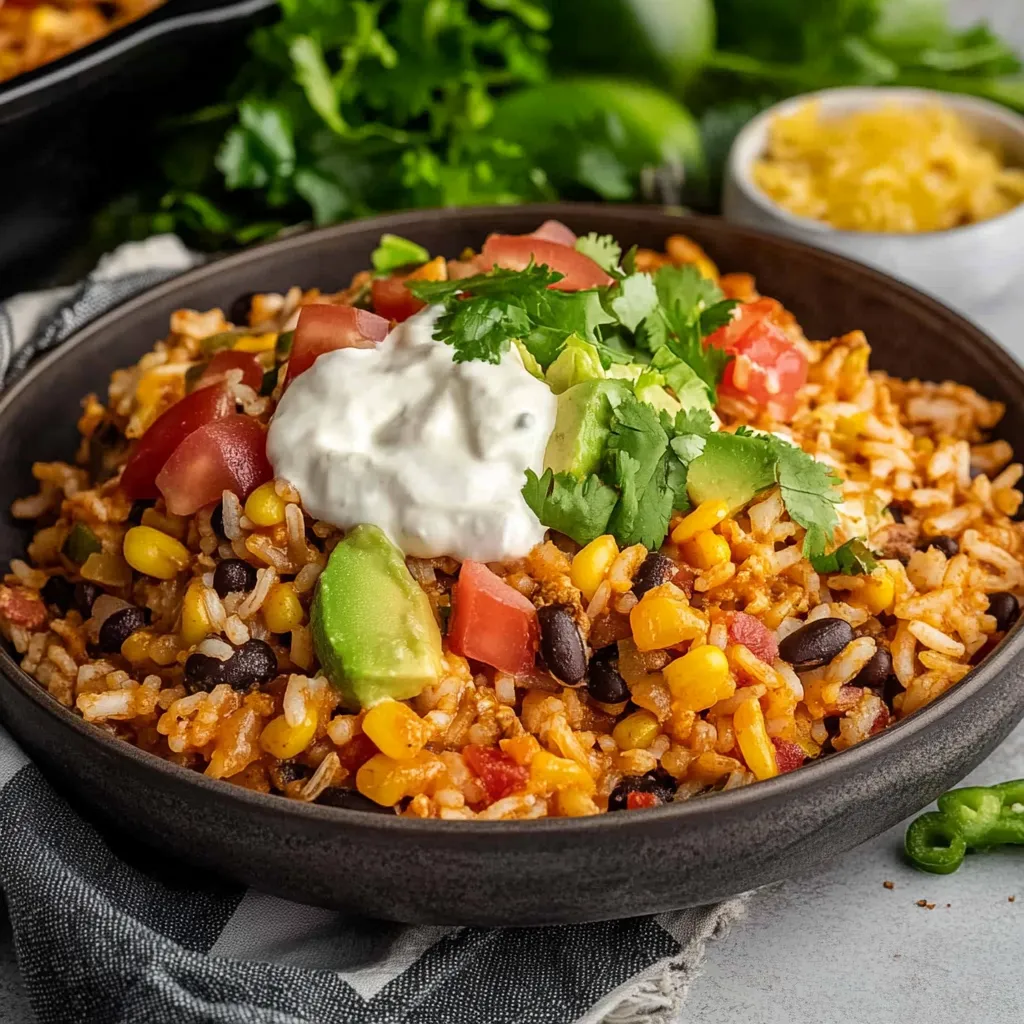 A bowl of rice with tomatoes, avocado, and sour cream.