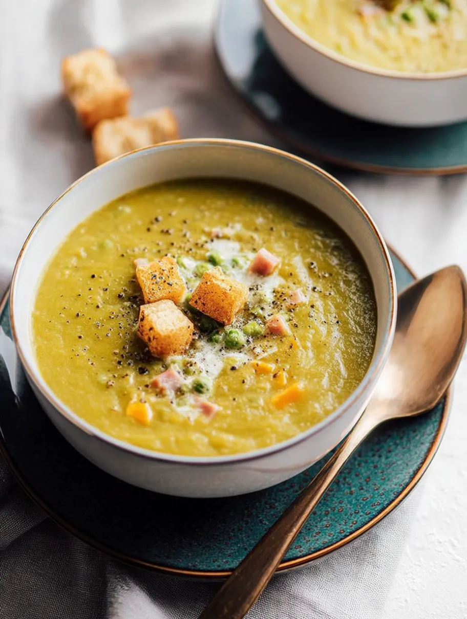 A bowl of soup with a spoon in it.