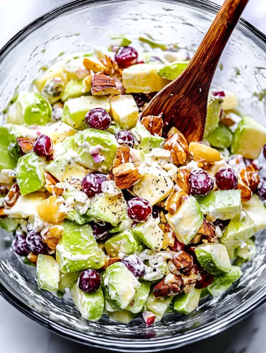 A bowl of fruit salad with a wooden spoon in it.