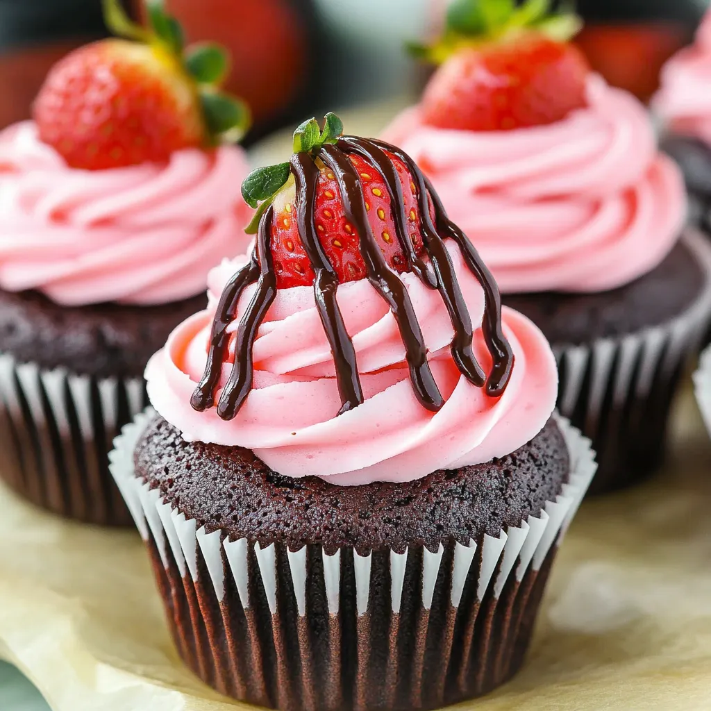 A cupcake with chocolate and strawberries on top.