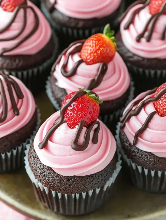 A cupcake with chocolate and strawberries on top.