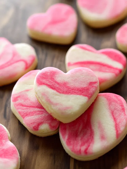A pink and white heart shaped cookie.