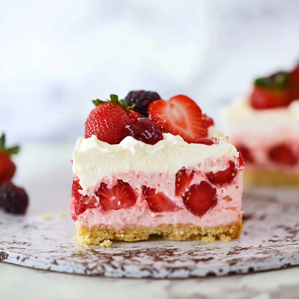 A slice of strawberry cheesecake on a plate.