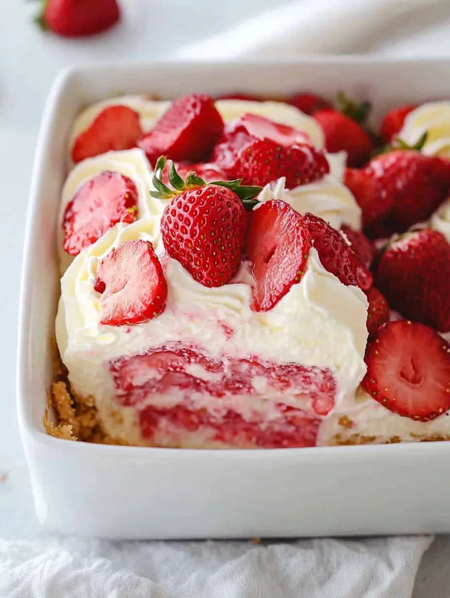 A white bowl with a slice of cake and strawberries.