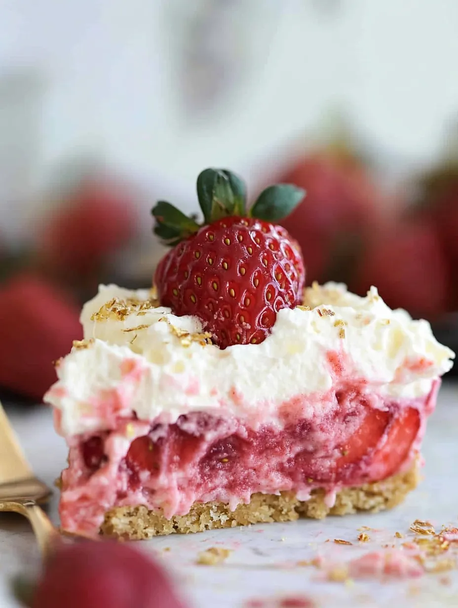 A slice of strawberry cheesecake with a strawberry on top.