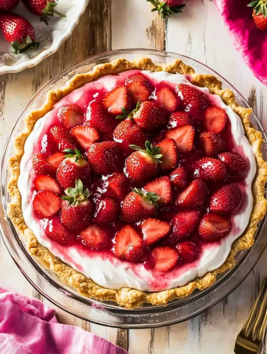 A pie with strawberries and whipped cream.