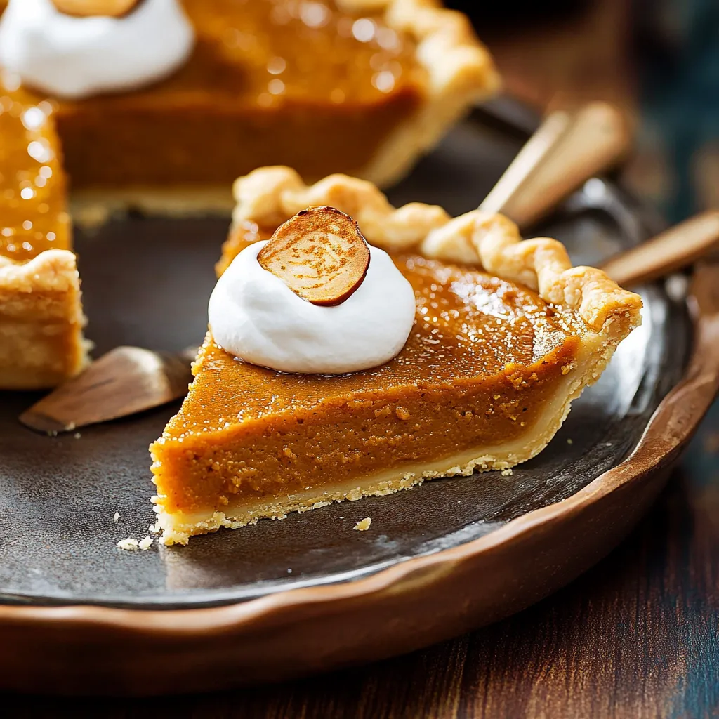 A slice of pumpkin pie with whipped cream on top.