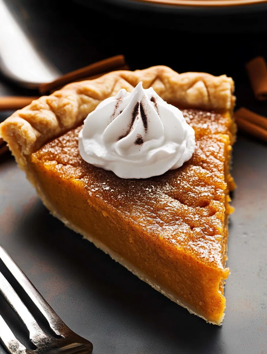 A slice of pumpkin pie with whipped cream on top.