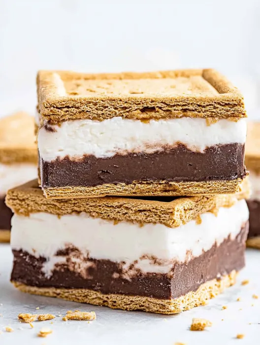 A stack of three chocolate and white cookies.