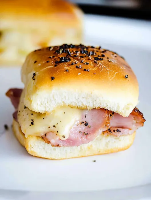 A sandwich with ham and cheese on a white plate.