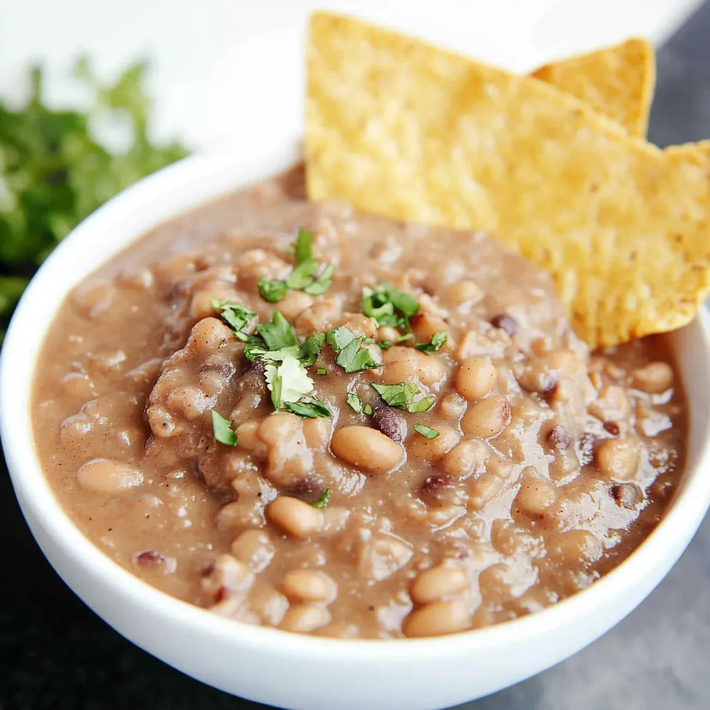 A bowl of soup with a tortilla chip on top.