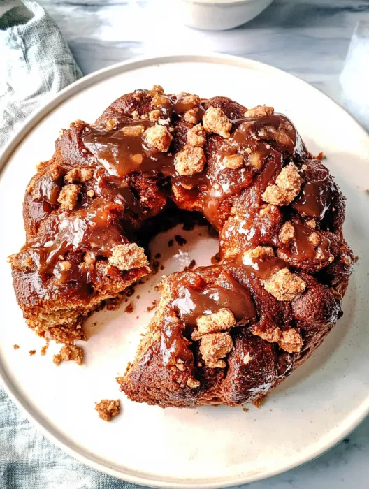 A slice of chocolate cake with caramel drizzle.