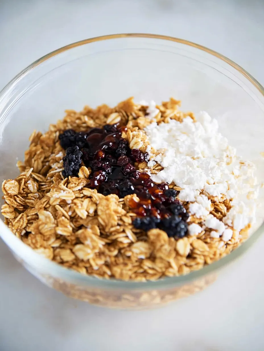 A bowl of cereal with berries and white stuff.