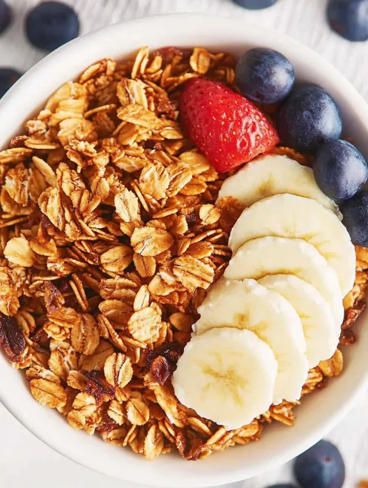 A bowl of granola with bananas and strawberries.