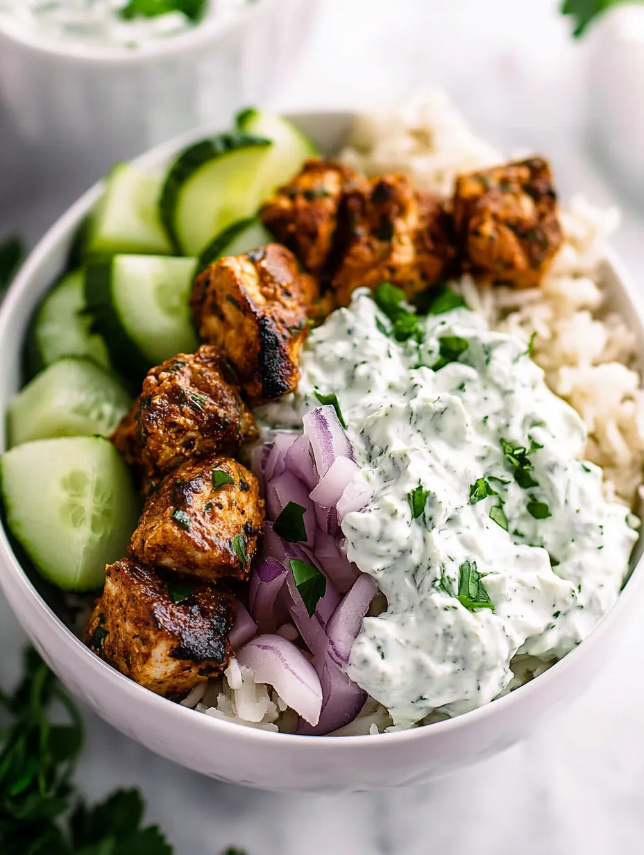 A bowl of food with rice, meat, onions, and cucumbers.