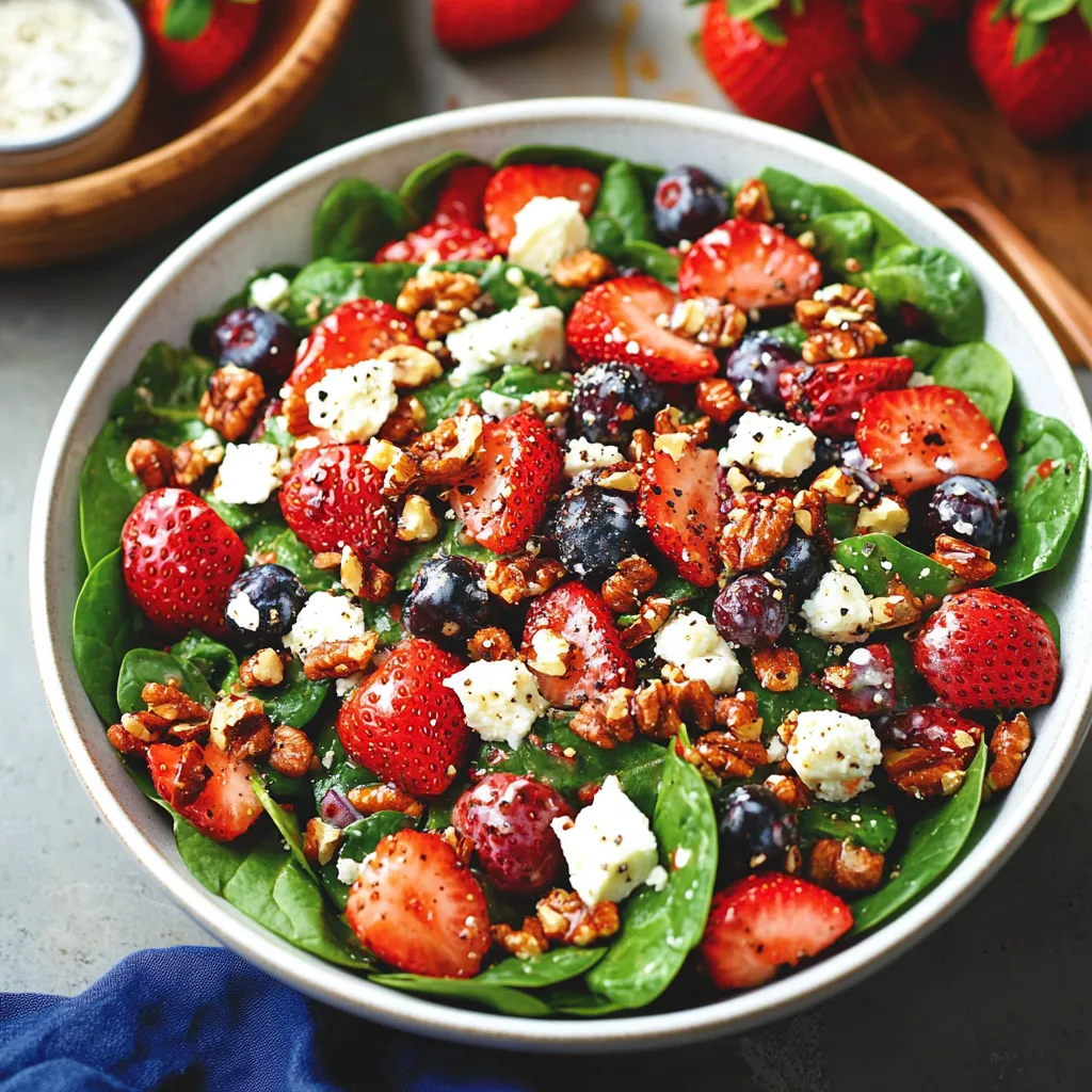 A bowl of salad with strawberries, blueberries, and walnuts.