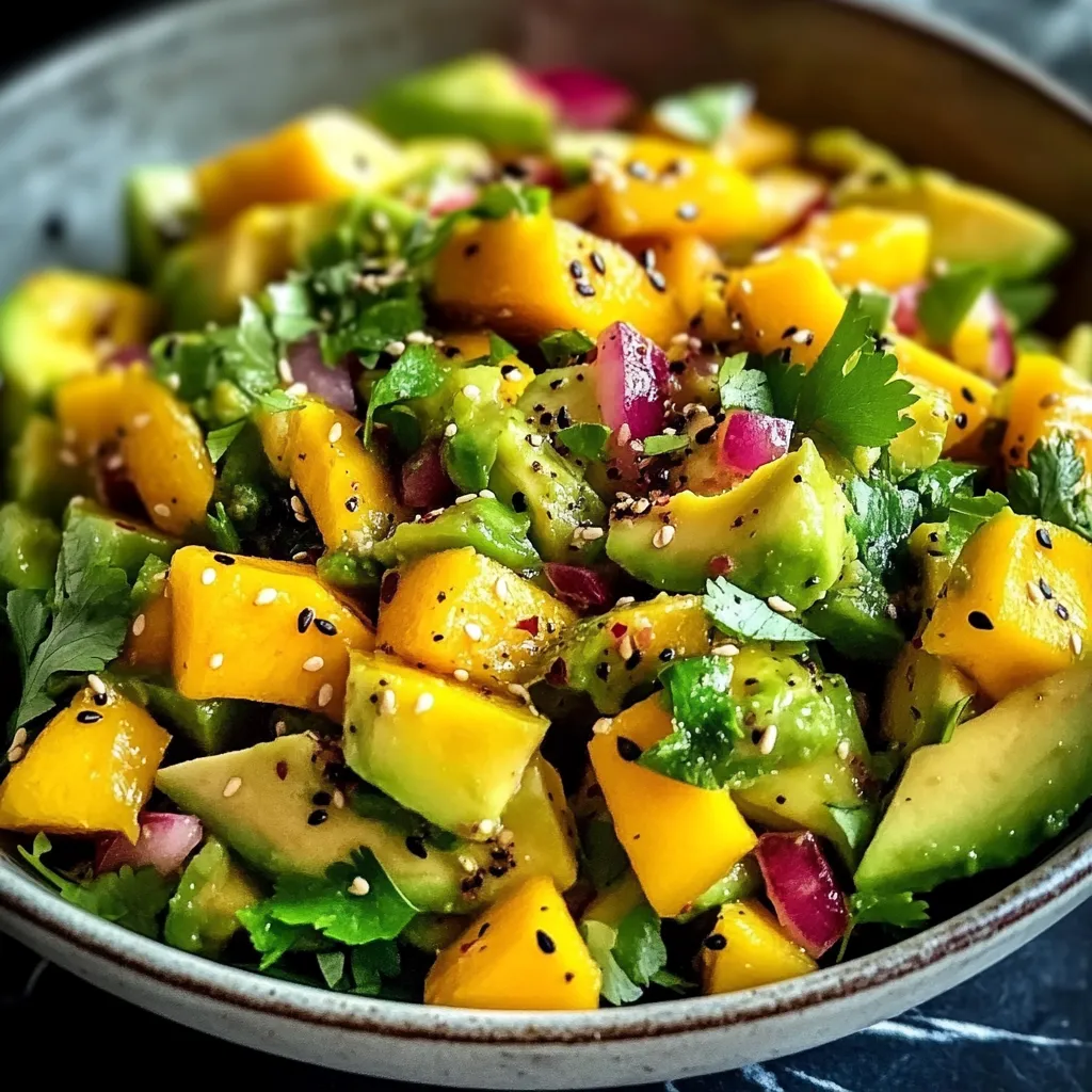 A bowl of fruit salad with avocado, onions, and peppers.