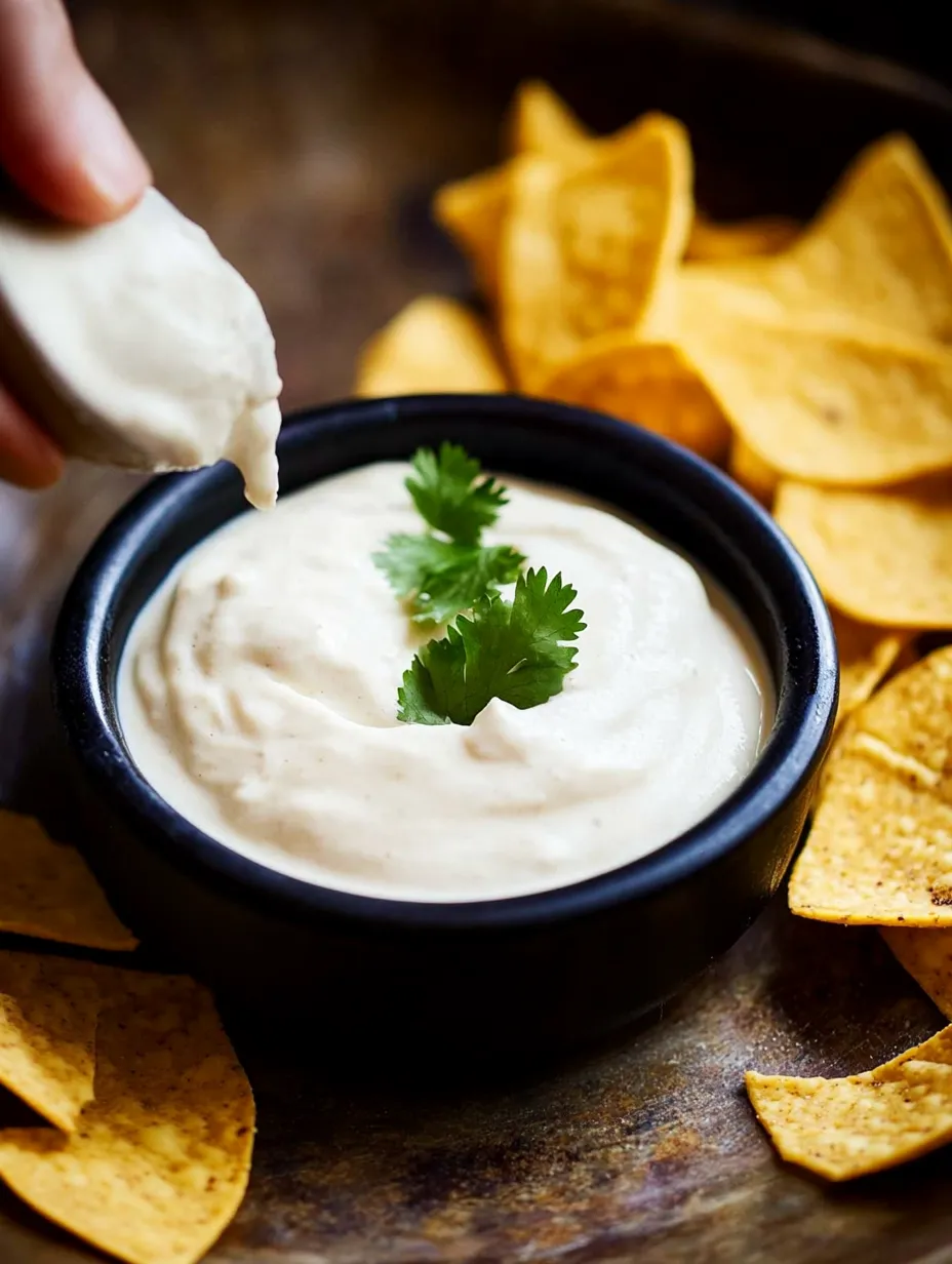 A bowl of dip with a green herb sticking out.