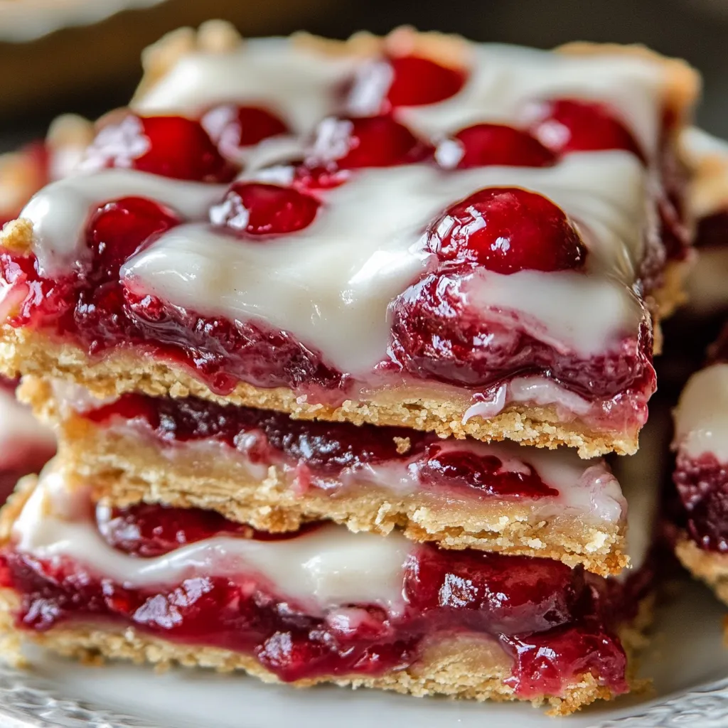 A stack of cake with white frosting and red berries.