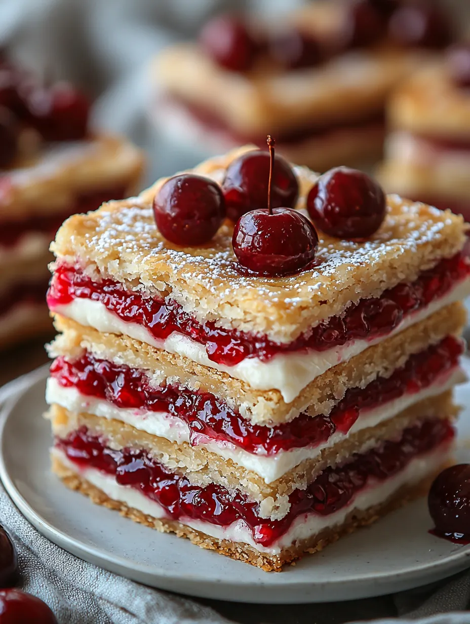 A stack of cake with cherries on top.