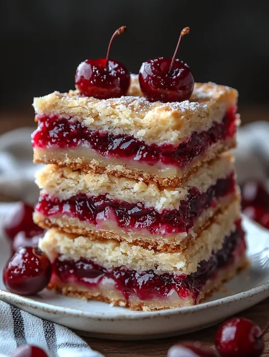 A stack of cake with cherries on top.