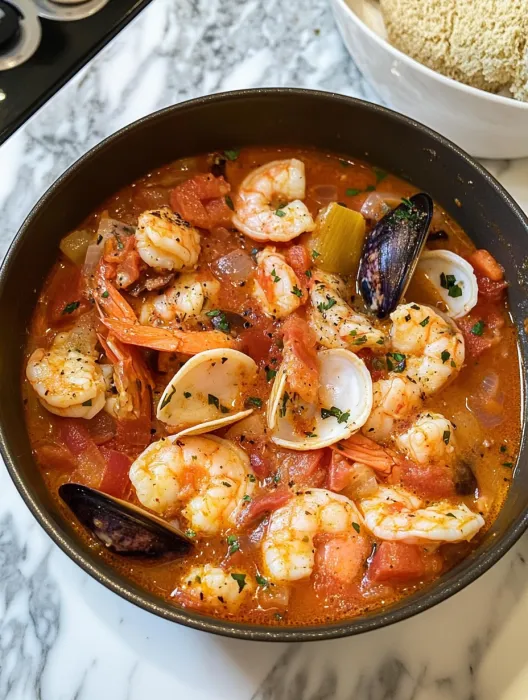 A bowl of shrimp and tomatoes.