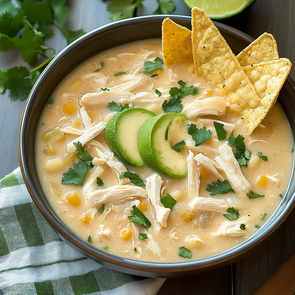 A bowl of soup with chicken and avocado.