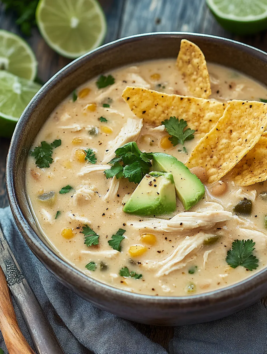 A bowl of soup with chicken, corn, and avocado.