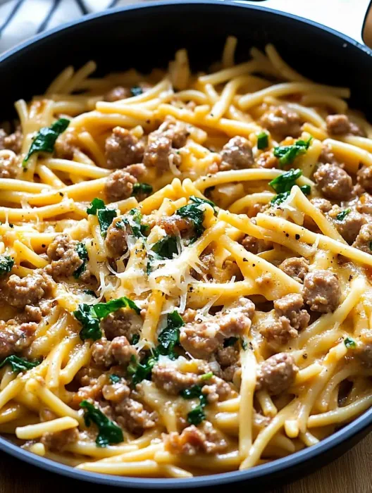 A bowl of pasta with meat and cheese.