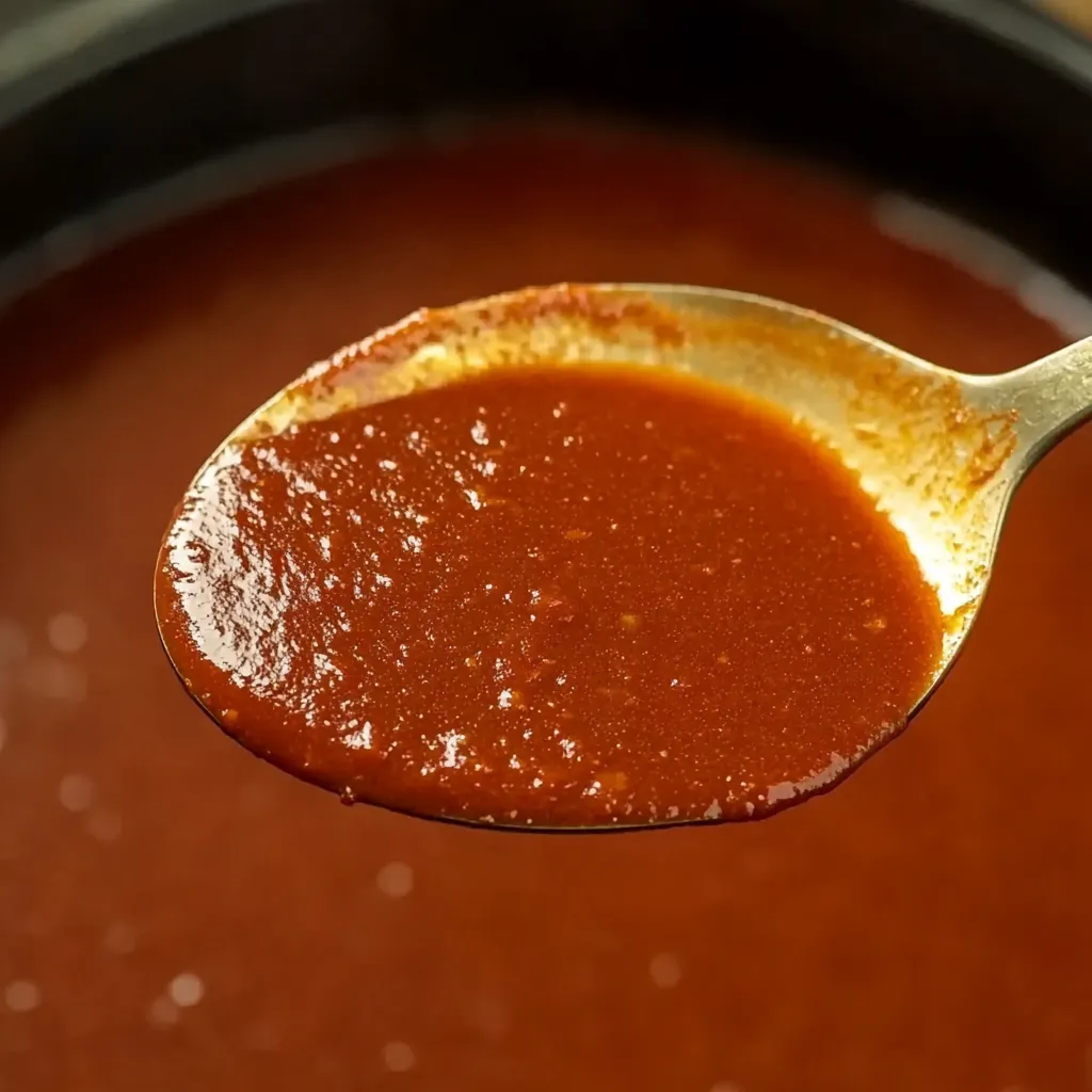 A spoon is in a bowl of sauce.