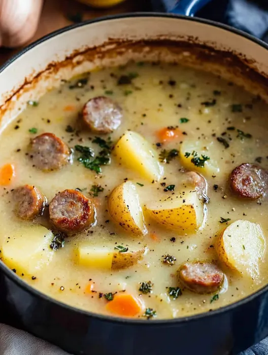 A bowl of soup with sausage and potatoes.
