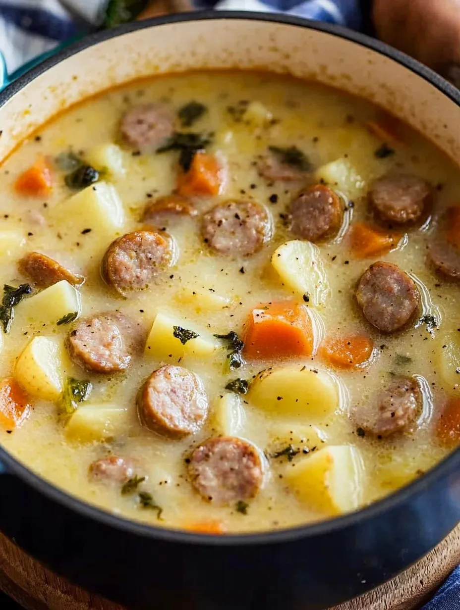A bowl of soup with sausage and carrots.