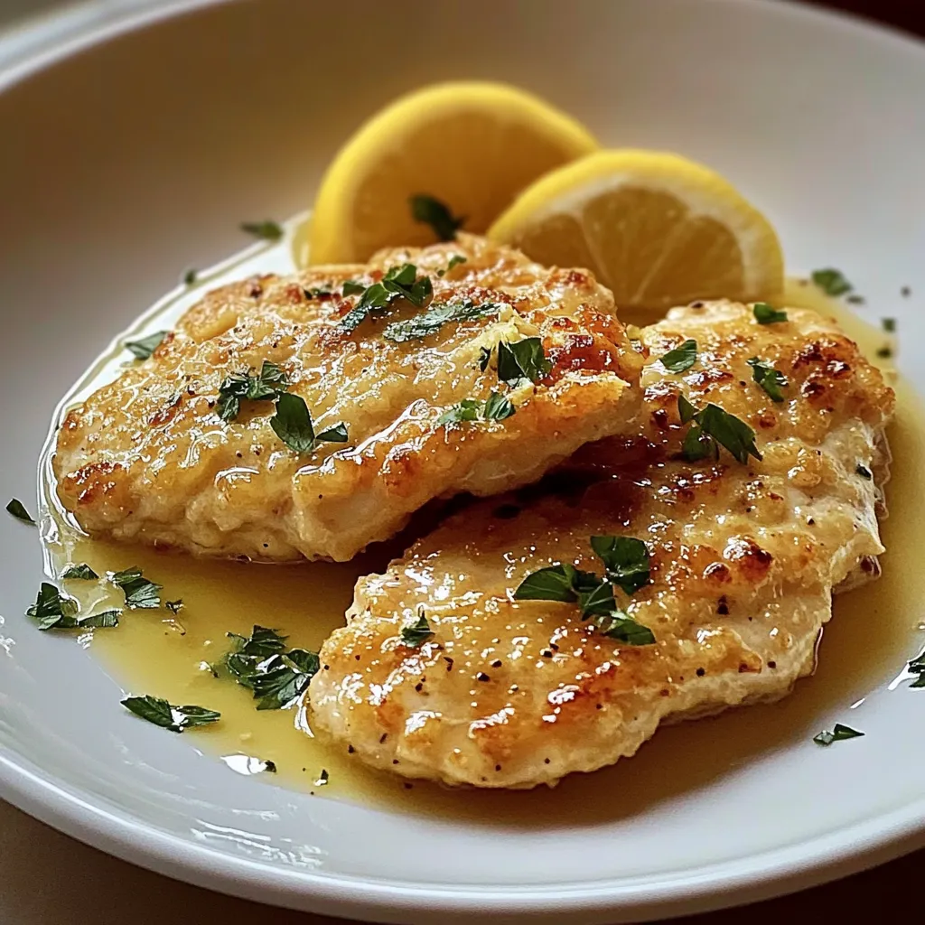 A plate of chicken with lemon and herbs.