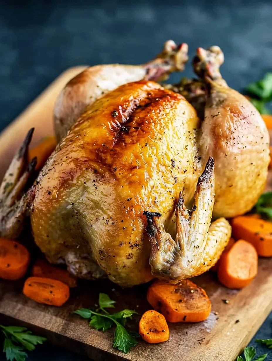 A roasted chicken with carrots and herbs.