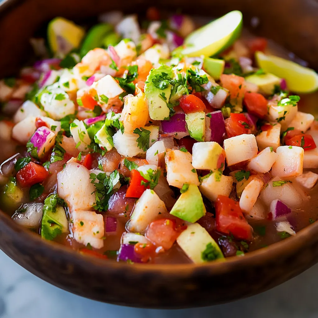 A bowl of ceviche with tomatoes, onions, and limes.