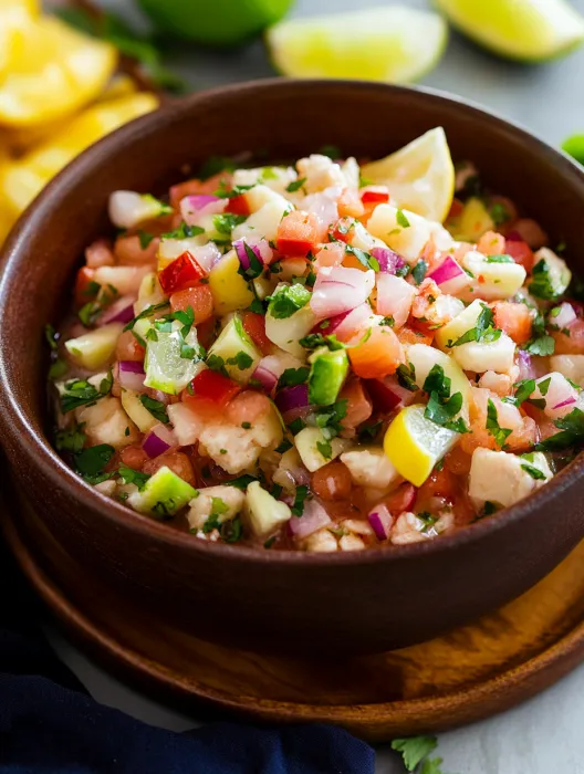 A bowl of ceviche with tomatoes, onions, and limes.