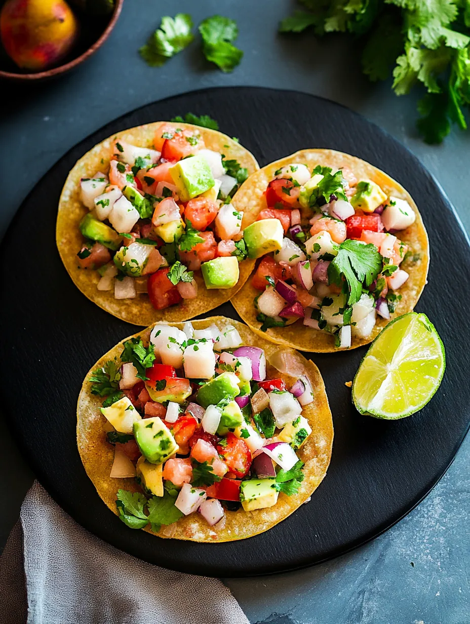 Three ceviche tacos on a plate.
