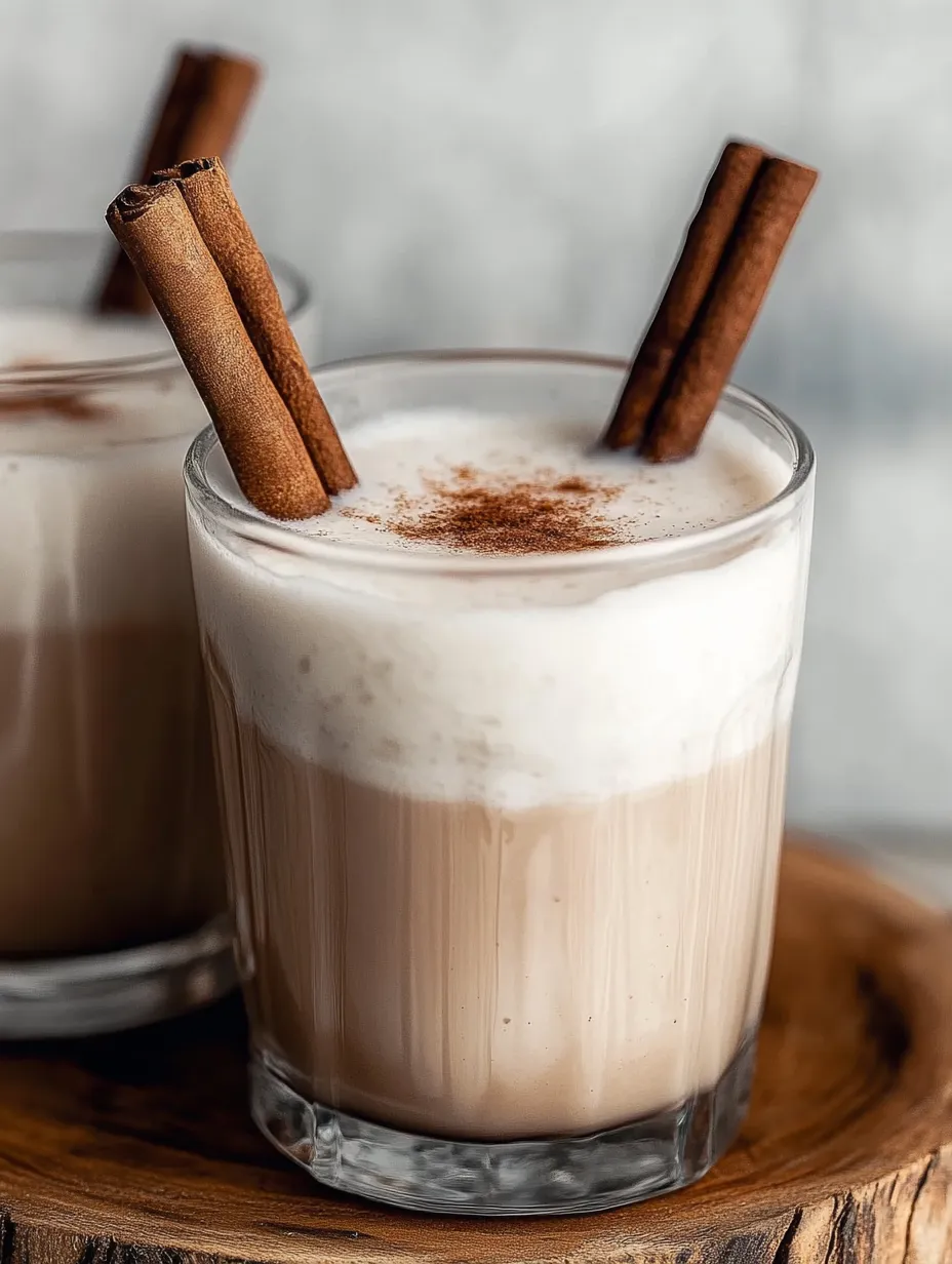 A glass of milk with cinnamon sticks in it.