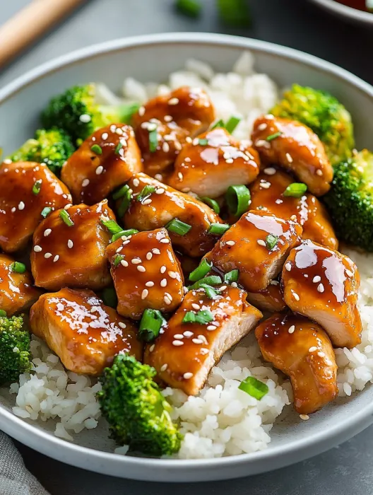 A bowl of rice with chicken and broccoli.