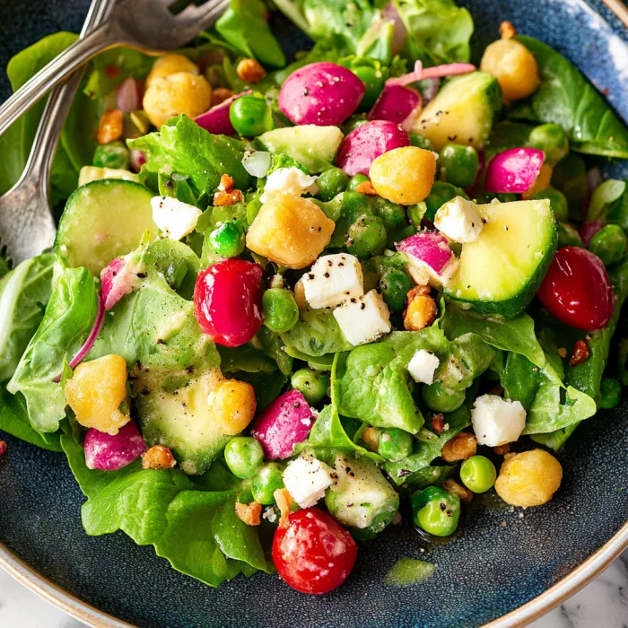 A salad with lettuce, peppers, and cheese.