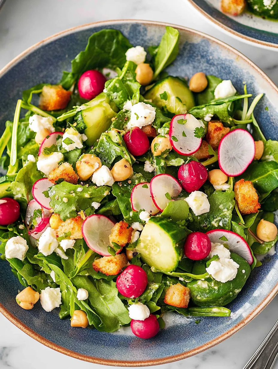 A bowl of salad with chickpeas, radishes, and cucumbers.